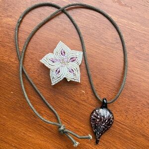 Elegant Black and Purple Glass Pendant Necklace and beaded clip